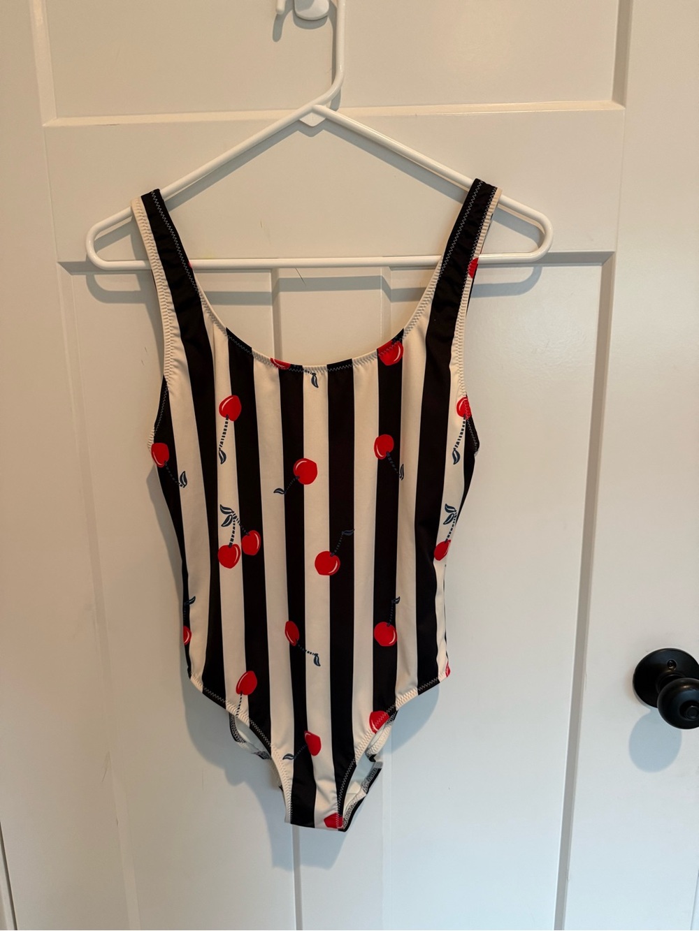 Solid & Striped Black & White Stripe One-Piece Swimsuit with Red Cherry Print